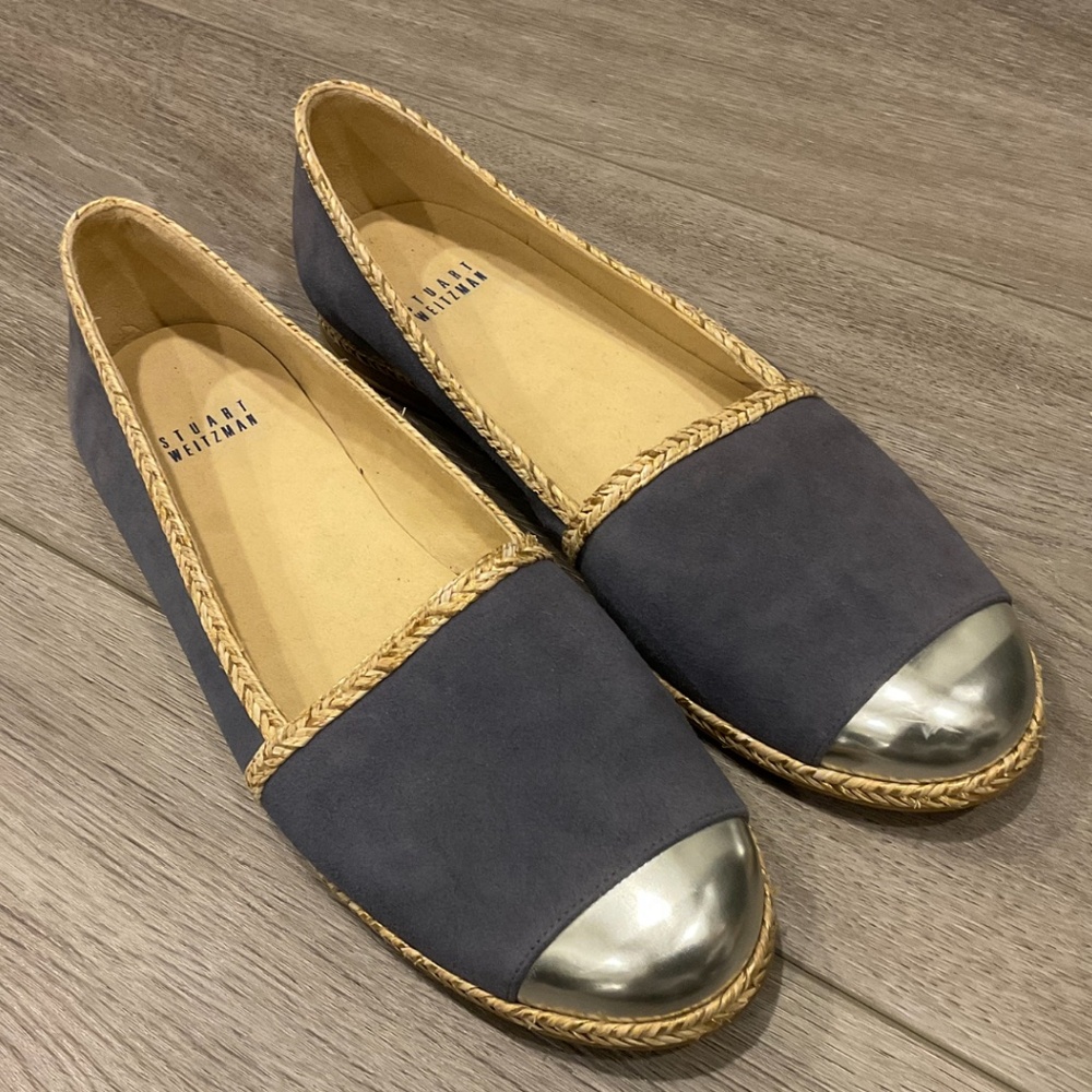 Stuart Weitzman  Blue Suede Silver Cap Toe Flats Size 9.5